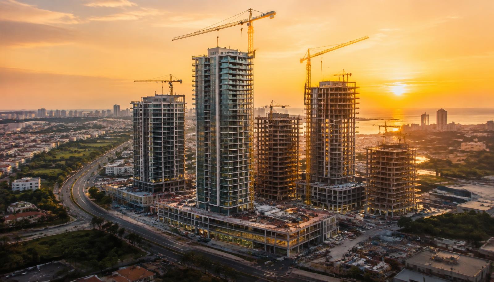 Desarrollo inmobiliario en construcción al atardecer