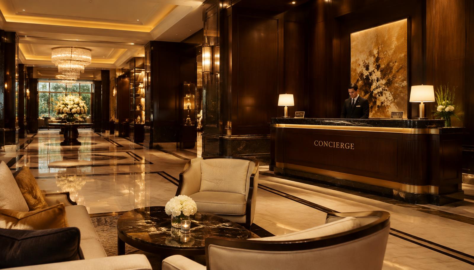 Lobby de hotel de lujo con concierge