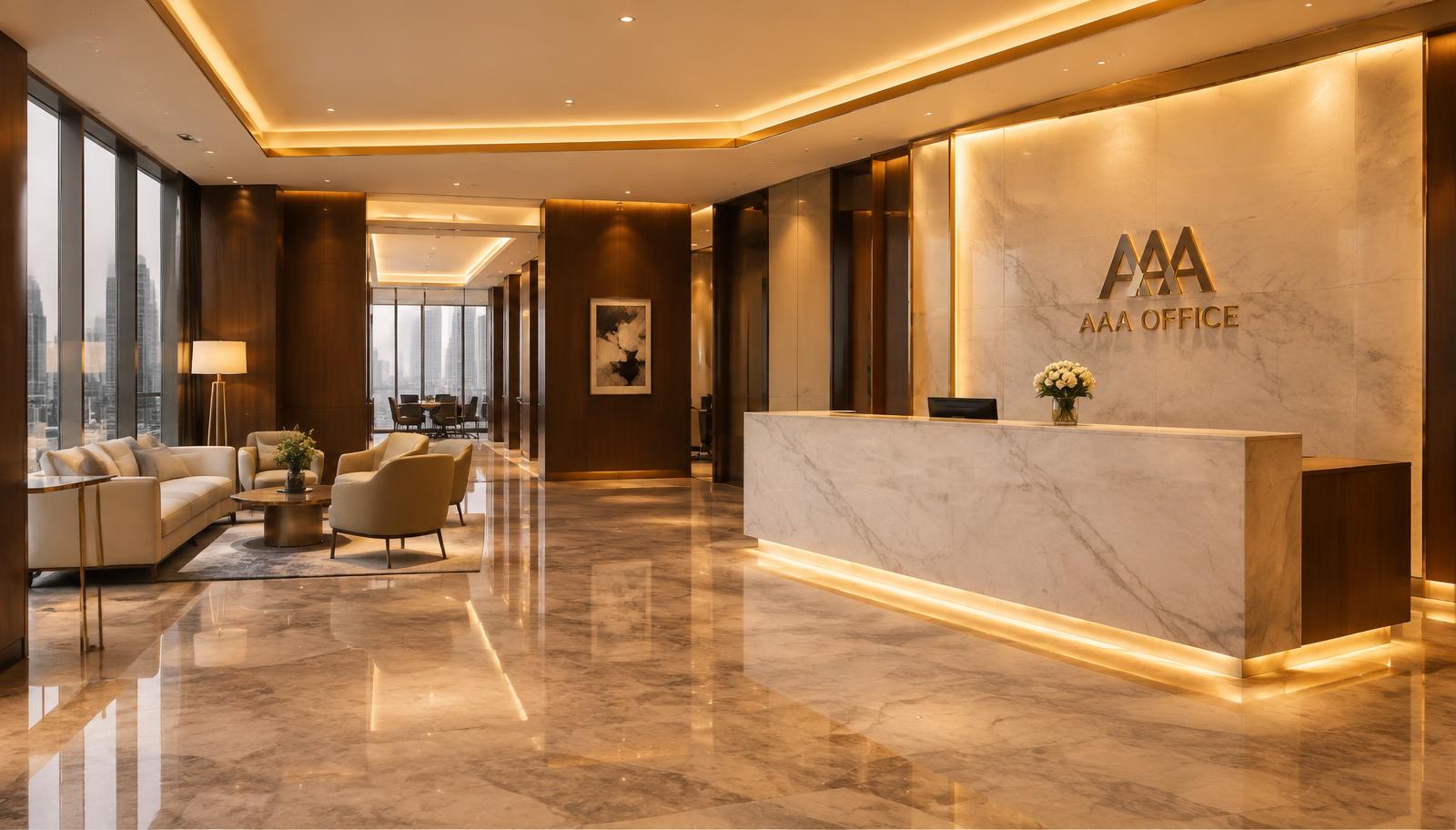 Lobby de oficinas AAA con acabados de lujo
