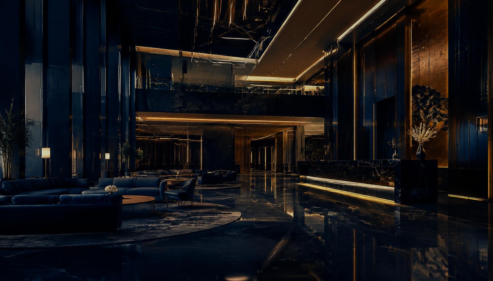 Lobby de edificio premium con iluminación dorada