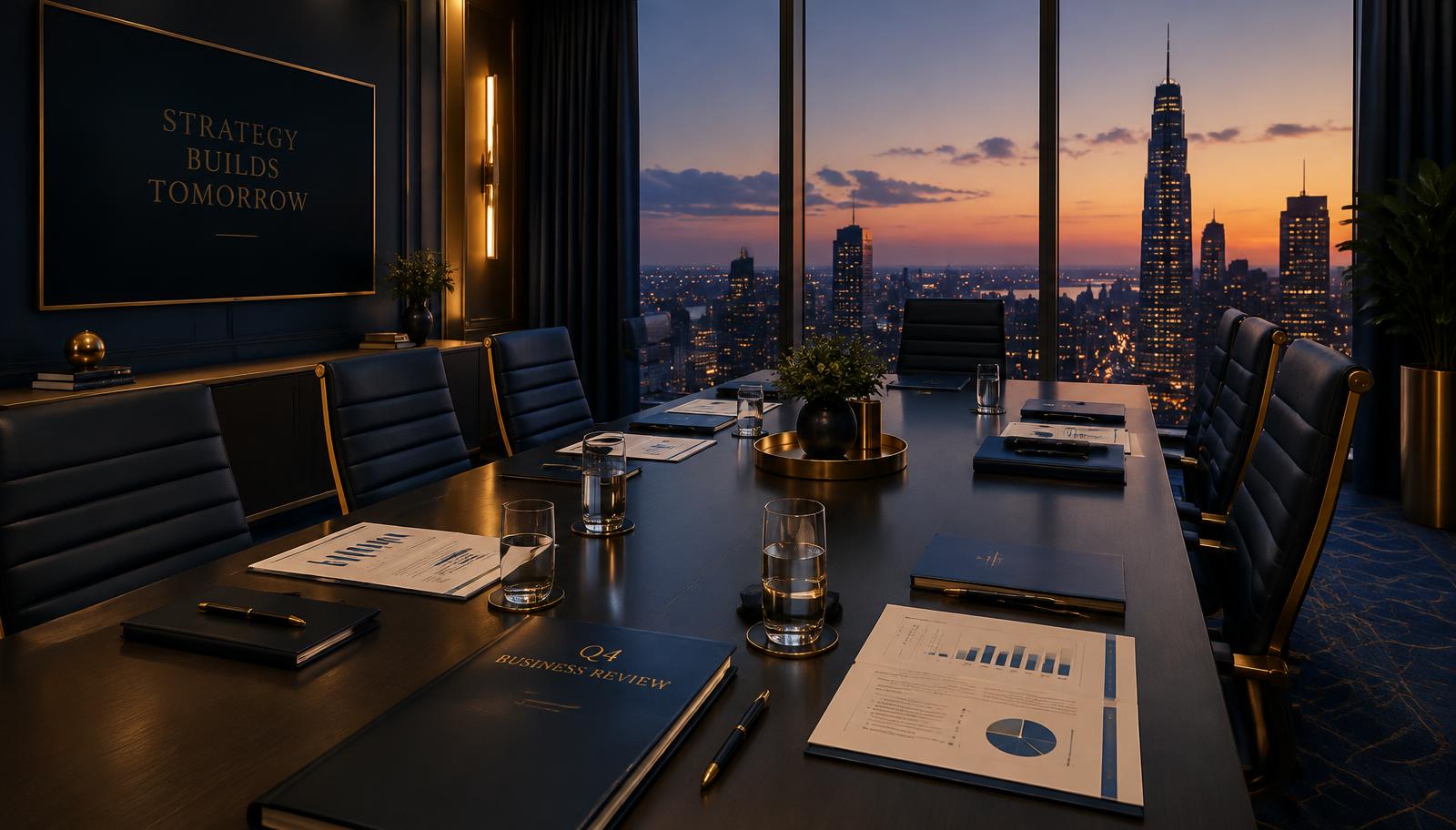 Sala de juntas ejecutiva con vista a la ciudad al atardecer