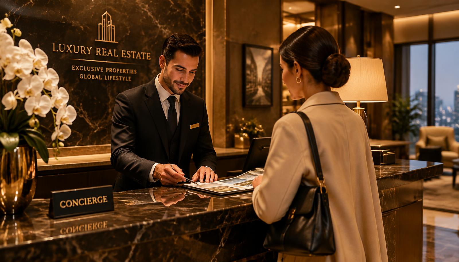 Concierge atendiendo a una clienta en recepción de lujo