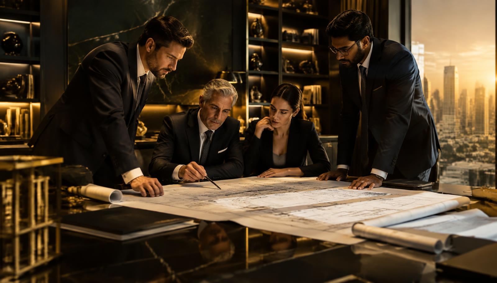 Equipo ejecutivo revisando planos en una oficina elegante